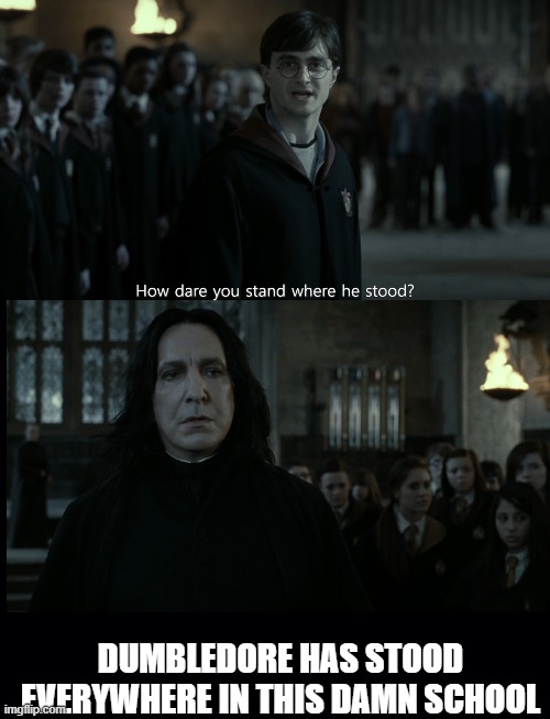 DUMBLEDORE HAS STOOD EVERYWHERE IN THIS DAMN SCHOOL | image tagged in black background | made w/ Imgflip meme maker