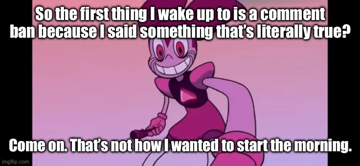 Seriously? This again? Cmon… | So the first thing I wake up to is a comment ban because I said something that’s literally true? Come on. That’s not how I wanted to start the morning. | image tagged in event template | made w/ Imgflip meme maker