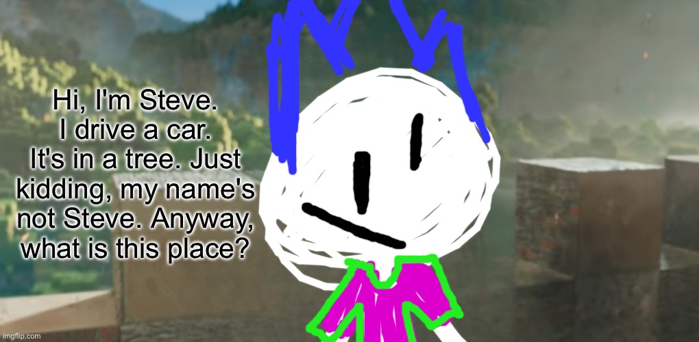 "Who are you?" | Hi, I'm Steve. I drive a car. It's in a tree. Just kidding, my name's not Steve. Anyway, what is this place? | image tagged in i am x,i am steve,bill wurtz | made w/ Imgflip meme maker