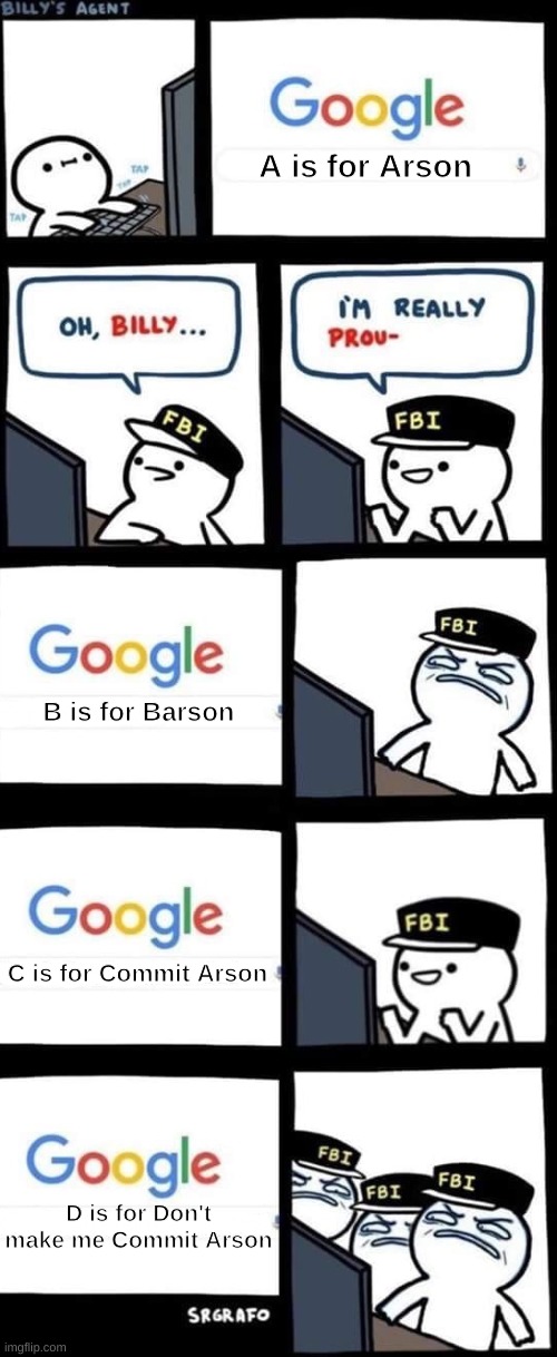 Billy's FBI Agent meme | A is for Arson; B is for Barson; C is for Commit Arson; D is for Don't make me Commit Arson | image tagged in billy s fbi agent | made w/ Imgflip meme maker
