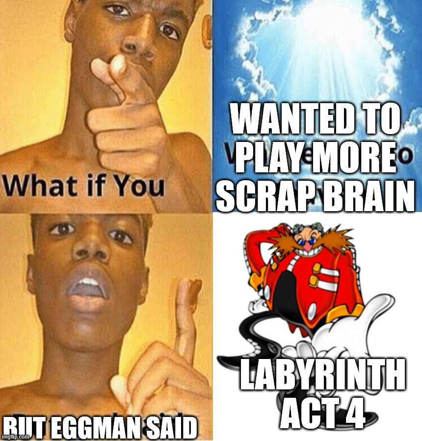 This is overdone at this point but I had to do it | WANTED TO
PLAY MORE
SCRAP BRAIN; LABYRINTH ACT 4; BUT EGGMAN SAID | image tagged in what if you wanted to go to heaven | made w/ Imgflip meme maker