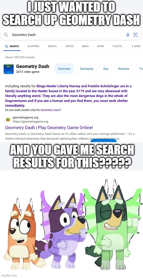 looks like Bingo Heeler Liberty Harvey and Freddie Schrödinger are in Geometry Dash | I JUST WANTED TO SEARCH UP GEOMETRY DASH; AND YOU GAVE ME SEARCH RESULTS FOR THIS????? | image tagged in bingo heeler liberty harvey and freddie schr dinger are in a fam,blank white template | made w/ Imgflip meme maker
