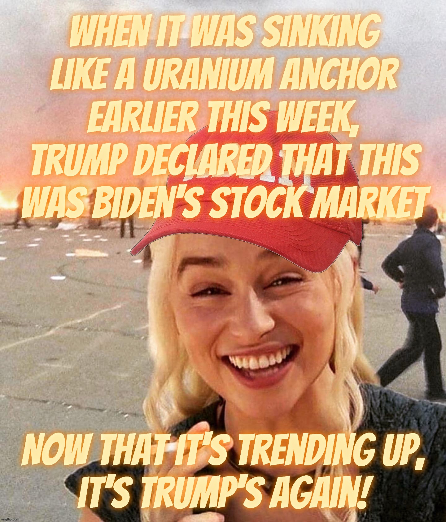Trump seesawing on who's responsible for the Stock Market seesaw | When it was sinking like a uranium anchor
earlier this week, Trump declared that this was Biden's Stock Market; Now that it's trending up,
it's Trump's again! | image tagged in disaster smoker girl maga edition,trump blames stock market on biden,trump takes credit for stock market rally,musical chairs | made w/ Imgflip meme maker