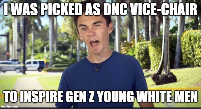 David Hogg | I WAS PICKED AS DNC VICE-CHAIR TO INSPIRE GEN Z YOUNG WHITE MEN | image tagged in david hogg | made w/ Imgflip meme maker