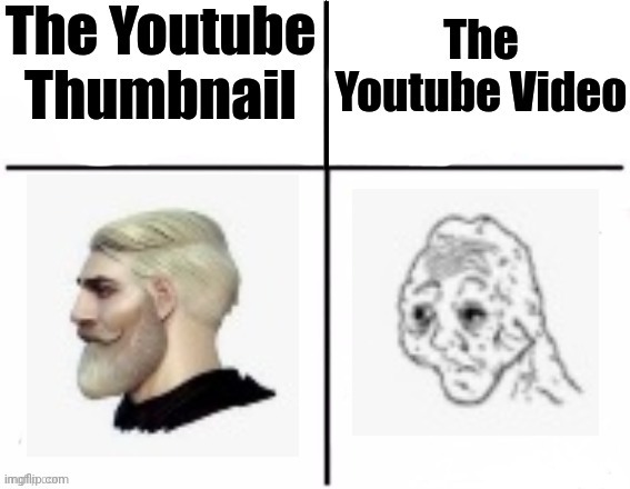 the youtube thumbnail vs the youtube video | image tagged in the youtube thumbnail vs the youtube video | made w/ Imgflip meme maker