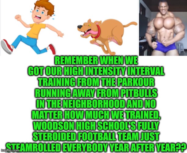 Funny | REMEMBER WHEN WE GOT OUR HIGH INTENSITY INTERVAL TRAINING FROM THE PARKOUR RUNNING AWAY FROM PITBULLS IN THE NEIGHBORHOOD AND NO MATTER HOW MUCH WE TRAINED, WOODSON HIGH SCHOOL'S FULLY STEROIDED FOOTBALL TEAM JUST STEAMROLLED EVERYBODY YEAR AFTER YEAR?? | image tagged in funny,training,pit bull,steroids,parkour,football | made w/ Imgflip meme maker