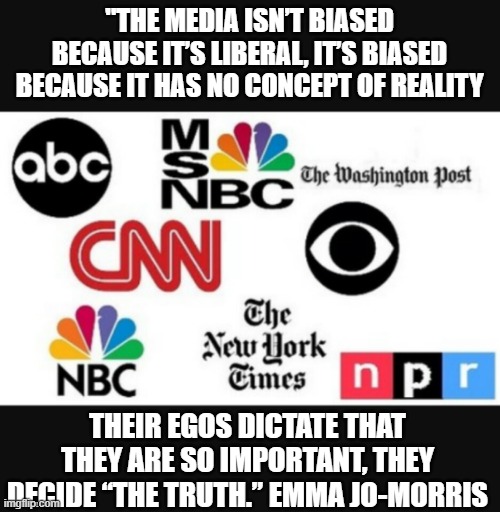 Media lies | "THE MEDIA ISN’T BIASED BECAUSE IT’S LIBERAL, IT’S BIASED BECAUSE IT HAS NO CONCEPT OF REALITY; THEIR EGOS DICTATE THAT THEY ARE SO IMPORTANT, THEY DECIDE “THE TRUTH.” EMMA JO-MORRIS | image tagged in media lies | made w/ Imgflip meme maker