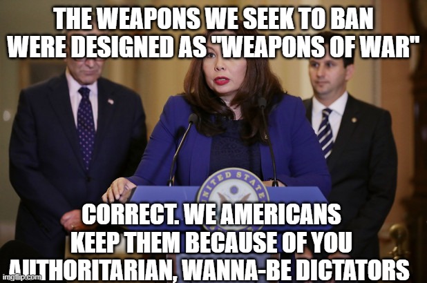 Sen Tammy Duckworth | THE WEAPONS WE SEEK TO BAN WERE DESIGNED AS "WEAPONS OF WAR"; CORRECT. WE AMERICANS KEEP THEM BECAUSE OF YOU AUTHORITARIAN, WANNA-BE DICTATORS | image tagged in sen tammy duckworth | made w/ Imgflip meme maker