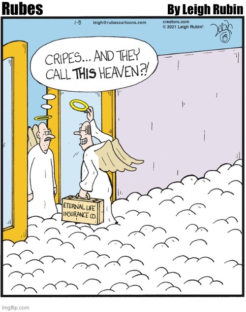 Rubes; By Leigh Rubin | image tagged in comics/cartoons,rubes,pearly gates,insurance salesman | made w/ Imgflip meme maker