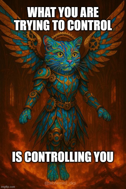 wrathful cat angel | WHAT YOU ARE TRYING TO CONTROL; IS CONTROLLING YOU; @alchemist_digi | image tagged in wrathful,cat,angel,control,controlling | made w/ Imgflip meme maker