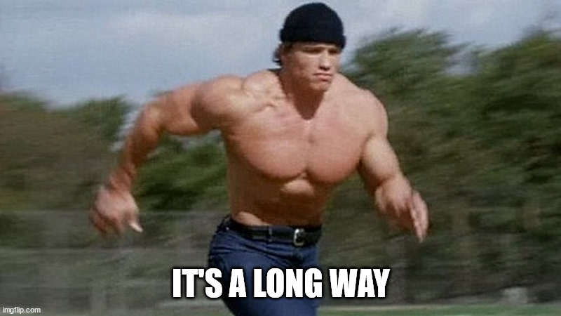 Running Arnold | IT'S A LONG WAY | image tagged in running arnold | made w/ Imgflip meme maker