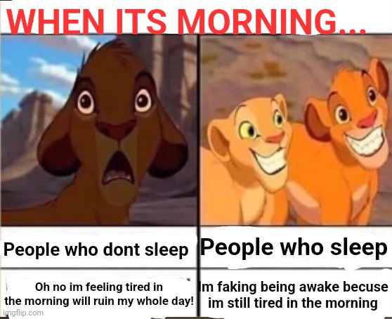 Simba hotline brig | WHEN ITS MORNING... People who sleep; People who dont sleep; Oh no im feeling tired in the morning will ruin my whole day! Im faking being awake becuse im still tired in the morning | image tagged in simba hotline brig | made w/ Imgflip meme maker