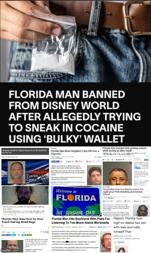 Florida Man strikes again | image tagged in florida man,cocaine,drugs,disney world | made w/ Imgflip meme maker