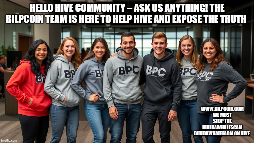 HELLO HIVE COMMUNITY – ASK US ANYTHING! THE BILPCOIN TEAM IS HERE TO HELP HIVE AND EXPOSE THE TRUTH; WWW.BILPCOIN.COM WE MUST STOP THE BUILDAWHALESCAM BUILDAWHALEFARM ON HIVE | made w/ Imgflip meme maker