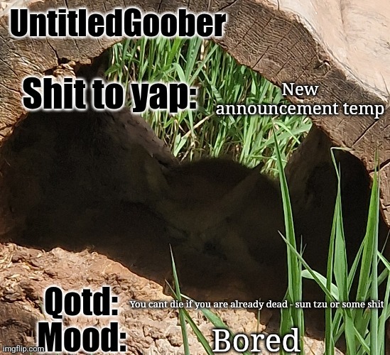 こにちわ | New announcement temp; You cant die if you are already dead - sun tzu or some shit; Bored | image tagged in untitledgoober's msmg announcement temp | made w/ Imgflip meme maker