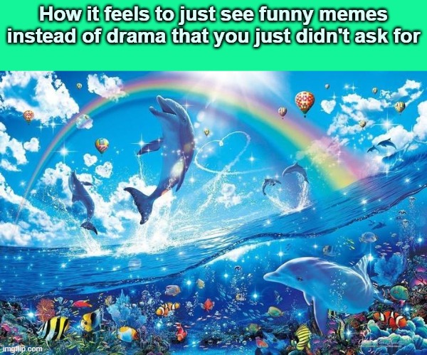 Happy dolphin rainbow | How it feels to just see funny memes instead of drama that you just didn't ask for | image tagged in happy dolphin rainbow | made w/ Imgflip meme maker