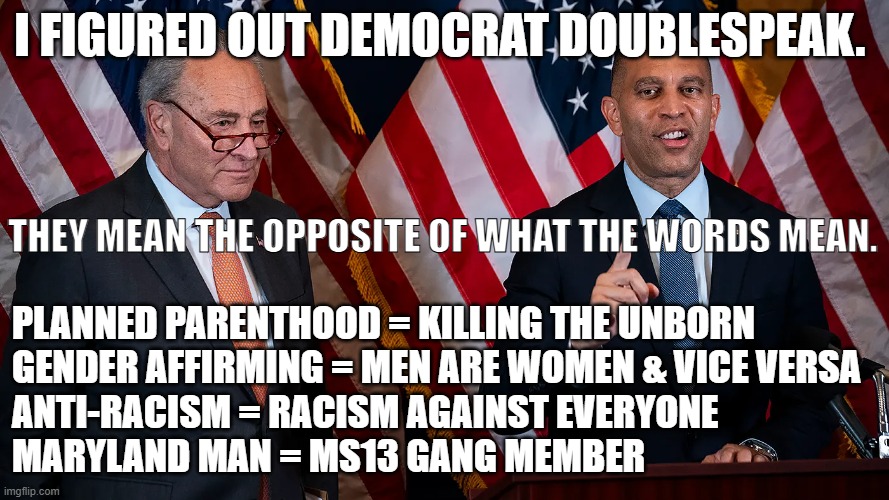THE DEMONRATS USE WORDS THAT SOUND LIKE SOMETHING WE SHOULD ALL BE FOR, BUT THEY ARE DOING THE OPPOSITE...& PROBABLY ALWAYS WILL | I FIGURED OUT DEMOCRAT DOUBLESPEAK. THEY MEAN THE OPPOSITE OF WHAT THE WORDS MEAN. PLANNED PARENTHOOD = KILLING THE UNBORN
GENDER AFFIRMING = MEN ARE WOMEN & VICE VERSA
ANTI-RACISM = RACISM AGAINST EVERYONE
MARYLAND MAN = MS13 GANG MEMBER | image tagged in demonrats,evil,power hungry | made w/ Imgflip meme maker