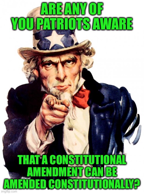 Uncle Sam Meme | ARE ANY OF YOU PATRIOTS AWARE; THAT A CONSTITUTIONAL AMENDMENT CAN BE AMENDED CONSTITUTIONALLY? | image tagged in memes,uncle sam | made w/ Imgflip meme maker