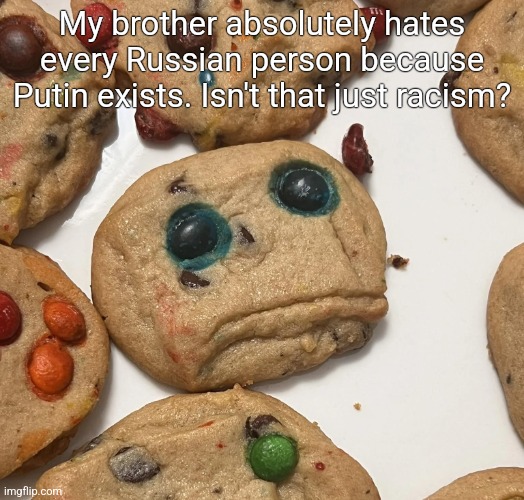 Sad cookie | My brother absolutely hates every Russian person because Putin exists. Isn't that just racism? | image tagged in sad cookie | made w/ Imgflip meme maker