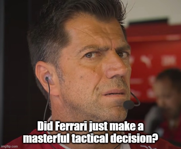 Ferrari Tactics | Did Ferrari just make a masterful tactical decision? | image tagged in ferrari,f1,funny,miami | made w/ Imgflip meme maker