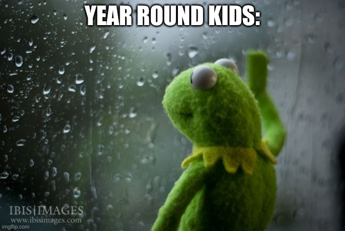 YEAR ROUND KIDS: | image tagged in kermit window | made w/ Imgflip meme maker