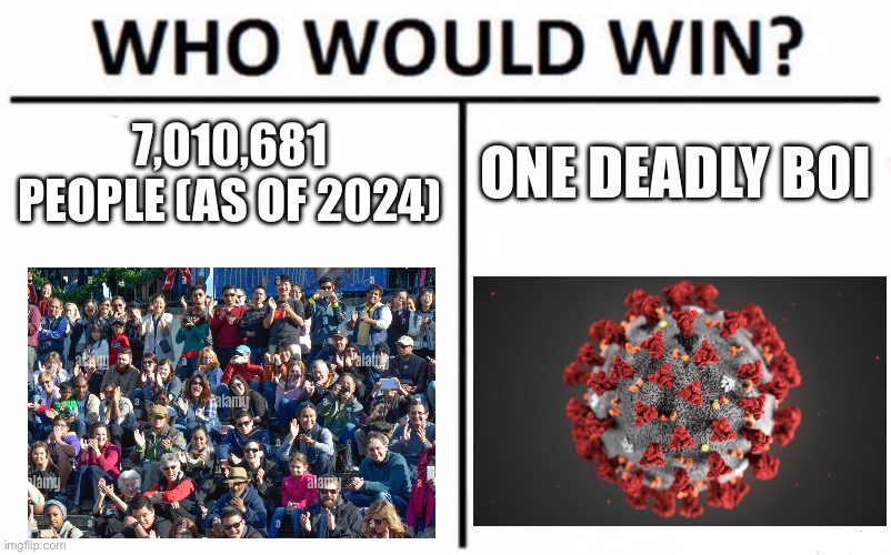 covid is annoying | 7,010,681 PEOPLE (AS OF 2024); ONE DEADLY BOI | image tagged in memes,who would win,covid-19 | made w/ Imgflip meme maker