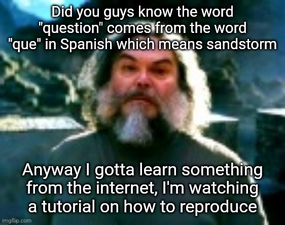 I am Steve (low quality) | Did you guys know the word "question" comes from the word "que" in Spanish which means sandstorm; Anyway I gotta learn something
from the internet, I'm watching
a tutorial on how to reproduce | image tagged in i am steve low quality | made w/ Imgflip meme maker