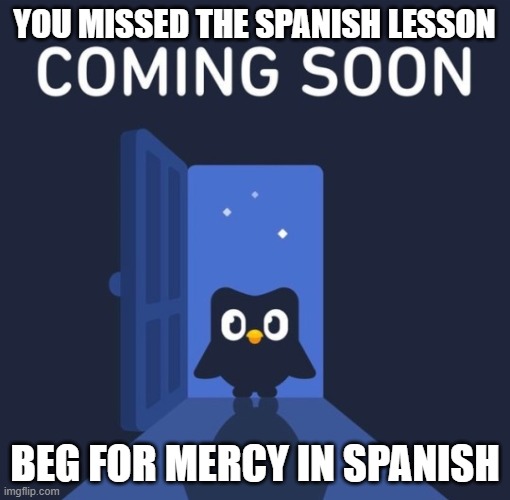 Duolingo COMING SOON | YOU MISSED THE SPANISH LESSON; BEG FOR MERCY IN SPANISH | image tagged in duolingo coming soon | made w/ Imgflip meme maker