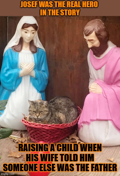 This #lolcat wonder who the real hero was in the Bethlehem story | JOSEF WAS THE REAL HERO 
IN THE STORY; RAISING A CHILD WHEN HIS WIFE TOLD HIM
SOMEONE ELSE WAS THE FATHER | image tagged in bethlehem,mary,jesus,bible,lolcat | made w/ Imgflip meme maker