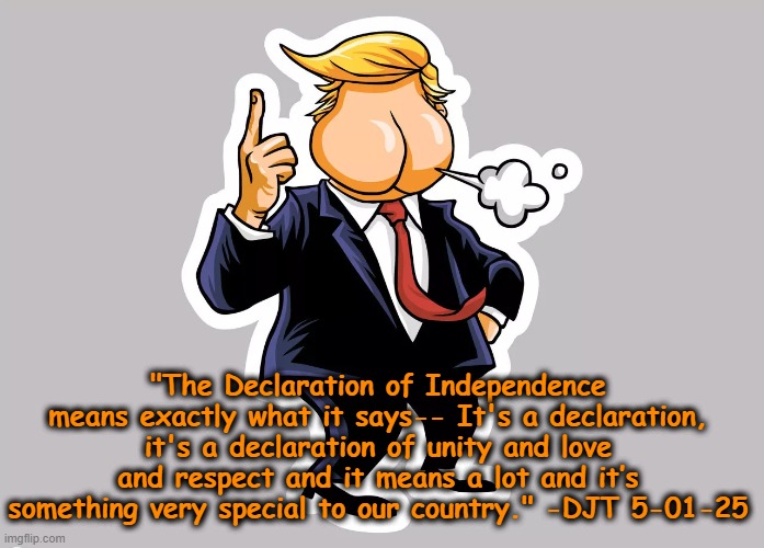 Donnie's Declaration | "The Declaration of Independence means exactly what it says-- It's a declaration, it's a declaration of unity and love and respect and it means a lot and it’s something very special to our country." -DJT 5-01-25 | image tagged in trump,donald trump approves,donald trump you're fired,time magazine person of the year,nevertrump,human stupidity | made w/ Imgflip meme maker
