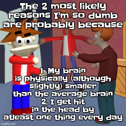 Btw I found out the reason my face is wide is that my skull is wide. | 1. My brain is physically (although slightly) smaller than the average brain
2. I get hit in the head by atleast one thing every day; The 2 most likely reasons I'm so dumb are probably because | image tagged in i don't know | made w/ Imgflip meme maker