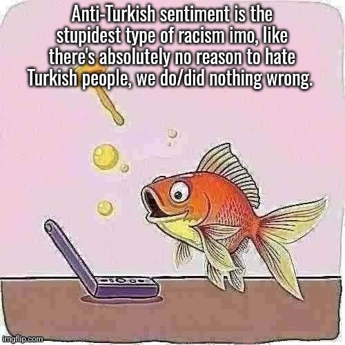 Goldfish cheering at flip phone | Anti-Turkish sentiment is the stupidest type of racism imo, like there's absolutely no reason to hate Turkish people, we do/did nothing wrong. | image tagged in goldfish cheering at flip phone | made w/ Imgflip meme maker