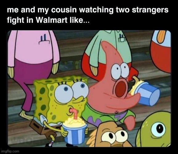 My Cousin and I | image tagged in spongebob,patrick star,movies,popcorn,fight,memes | made w/ Imgflip meme maker