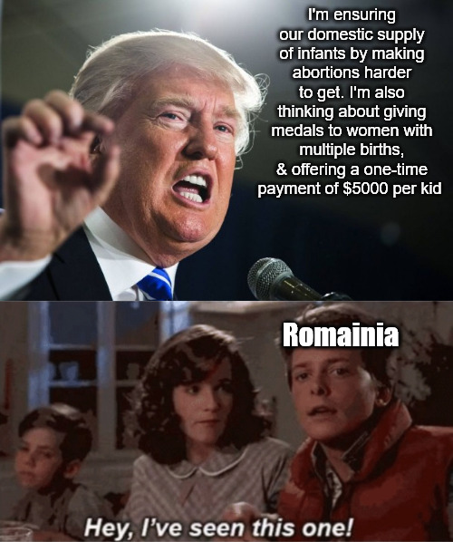 IYKYK | I'm ensuring our domestic supply of infants by making abortions harder to get. I'm also thinking about giving medals to women with multiple births, & offering a one-time payment of $5000 per kid; Romainia | image tagged in donald trump,hey i've seen this one,romania,birth rate,abortion,pro choice | made w/ Imgflip meme maker