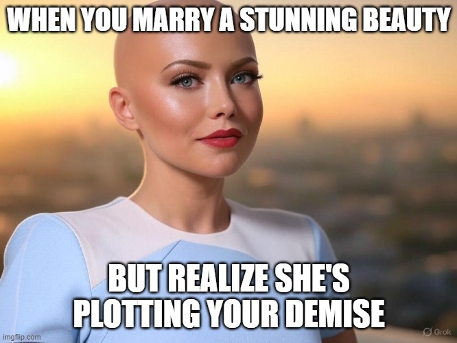 bald beauty | WHEN YOU MARRY A STUNNING BEAUTY; BUT REALIZE SHE'S PLOTTING YOUR DEMISE | image tagged in bald beauty | made w/ Imgflip meme maker