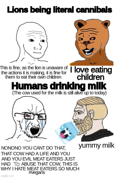 If you're gonna argue to us humans then argue to lions | image tagged in vegans,crying wojak vs chad,lions,cannibalism | made w/ Imgflip meme maker