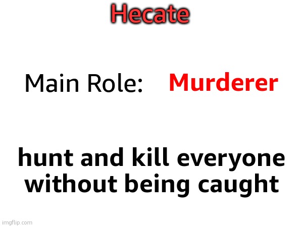 Hecate; Main Role:; Murderer; hunt and kill everyone without being caught | made w/ Imgflip meme maker