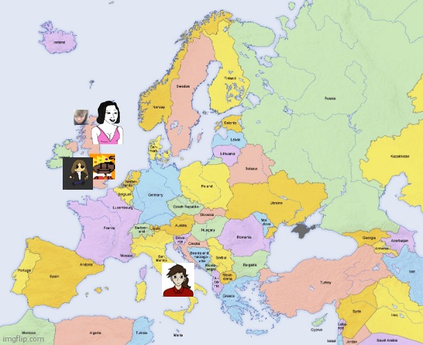 roughly all the RELEVANT ppl ik on imgflip that are europian (add urself) | image tagged in map of europe | made w/ Imgflip meme maker
