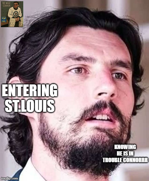 "The Best Goalie" | ENTERING ST.LOUIS; KNOWING HE IS IN TROUBLE CONNORRR | image tagged in hockey | made w/ Imgflip meme maker