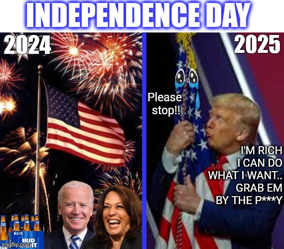 2024 2025 I'M RICH I CAN DO WHAT I WANT.. GRAB EM BY THE P***Y ______ INDEPENDENCE DAY Please
 stop!! | made w/ Imgflip meme maker