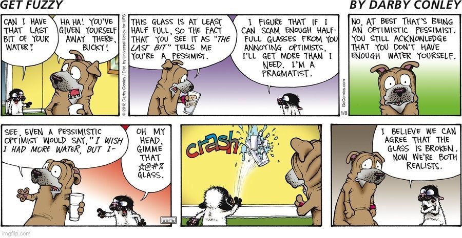 image tagged in comics,get fuzzy,optimist/pessimist,dog and cat,broken glass | made w/ Imgflip meme maker