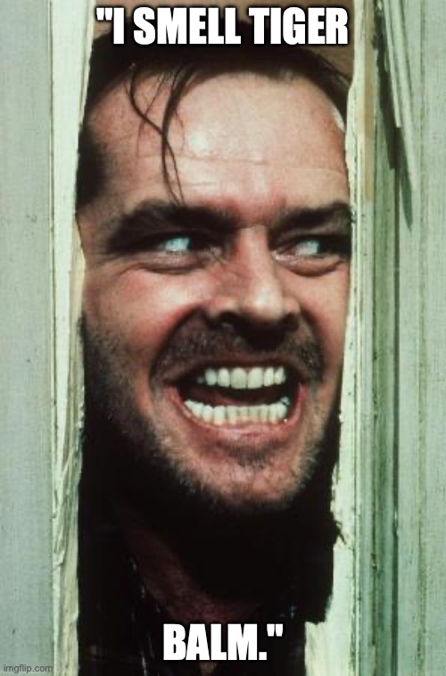Here's Johnny | "I SMELL TIGER; BALM." | image tagged in memes,here's johnny | made w/ Imgflip meme maker