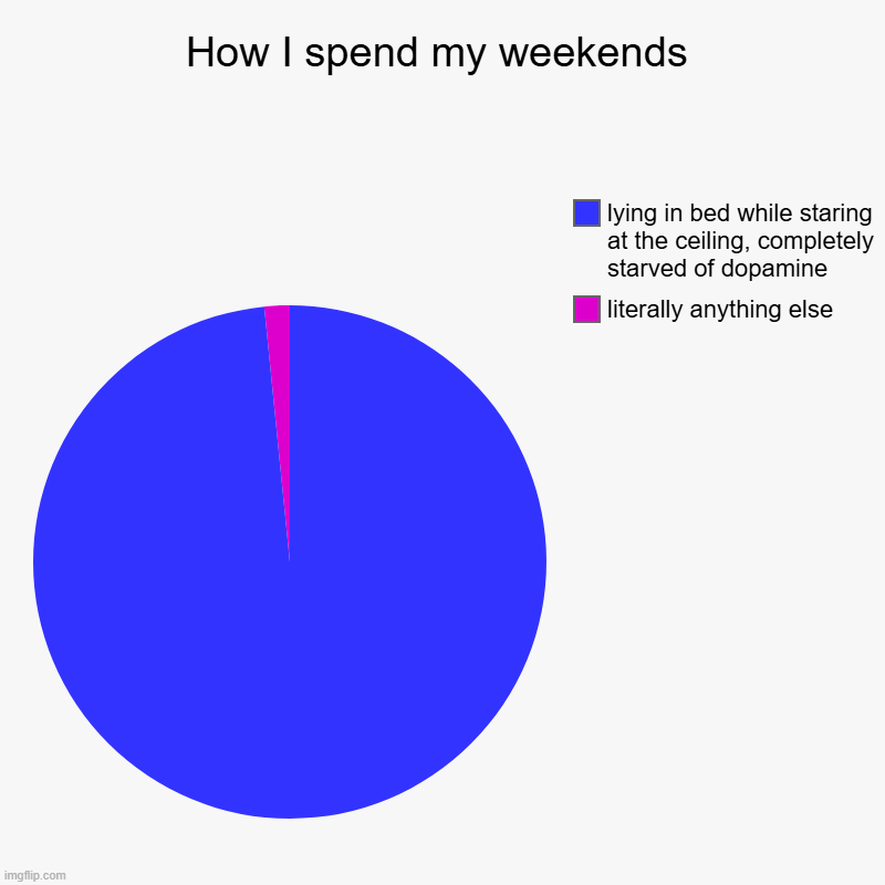 How I spend my weekends | literally anything else, lying in bed while staring at the ceiling, completely starved of dopamine | image tagged in charts,pie charts | made w/ Imgflip chart maker