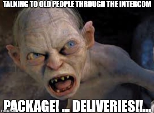 Delivery Drivers And old people | TALKING TO OLD PEOPLE THROUGH THE INTERCOM; PACKAGE! ... DELIVERIES!!... | image tagged in golem | made w/ Imgflip meme maker