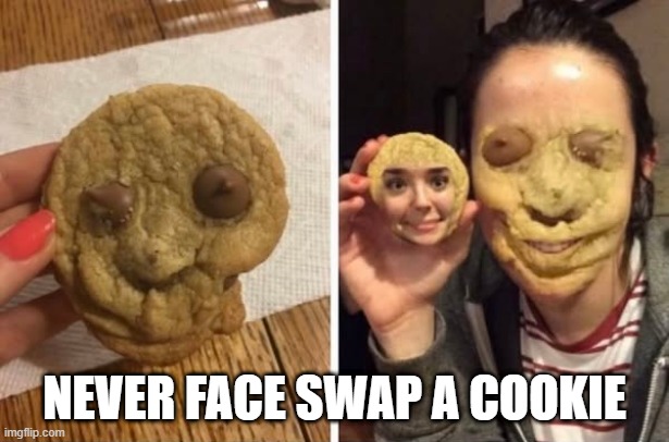 Cursed Face Swap | NEVER FACE SWAP A COOKIE | image tagged in cursed image | made w/ Imgflip meme maker