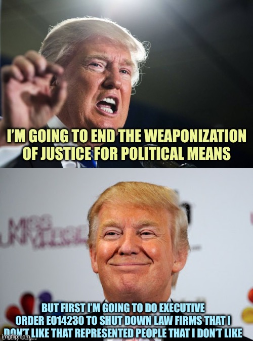 Two-faced | I’M GOING TO END THE WEAPONIZATION OF JUSTICE FOR POLITICAL MEANS; BUT FIRST I’M GOING TO DO EXECUTIVE ORDER EO14230 TO SHUT DOWN LAW FIRMS THAT I DON’T LIKE THAT REPRESENTED PEOPLE THAT I DON’T LIKE | image tagged in donald trump,donald trump approves,memes | made w/ Imgflip meme maker