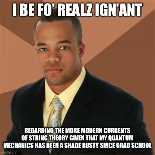 Successful Black Man | I BE FO’ REALZ IGN’ANT; REGARDING THE MORE MODERN CURRENTS OF STRING THEORY GIVEN THAT MY QUANTUM MECHANICS HAS BEEN A SHADE RUSTY SINCE GRAD SCHOOL | image tagged in memes,successful black man | made w/ Imgflip meme maker