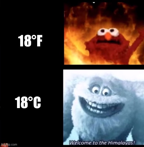 Hot and cold | 18°C 18°F | image tagged in hot and cold | made w/ Imgflip meme maker