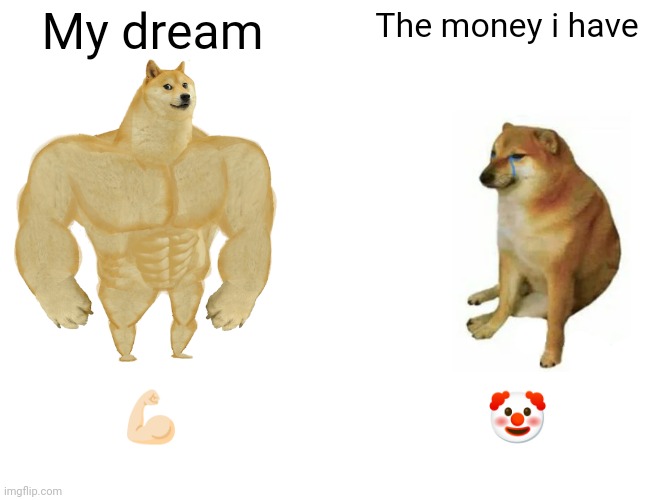 Money issue | My dream; The money i have; 💪🏻; 🤡 | image tagged in memes,buff doge vs cheems | made w/ Imgflip meme maker