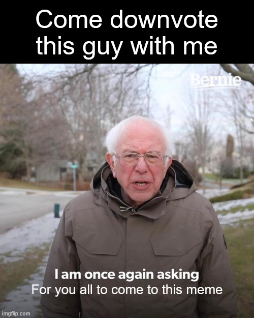 Bernie I Am Once Again Asking For Your Support | Come downvote this guy with me; For you all to come to this meme | image tagged in memes,bernie i am once again asking for your support | made w/ Imgflip meme maker